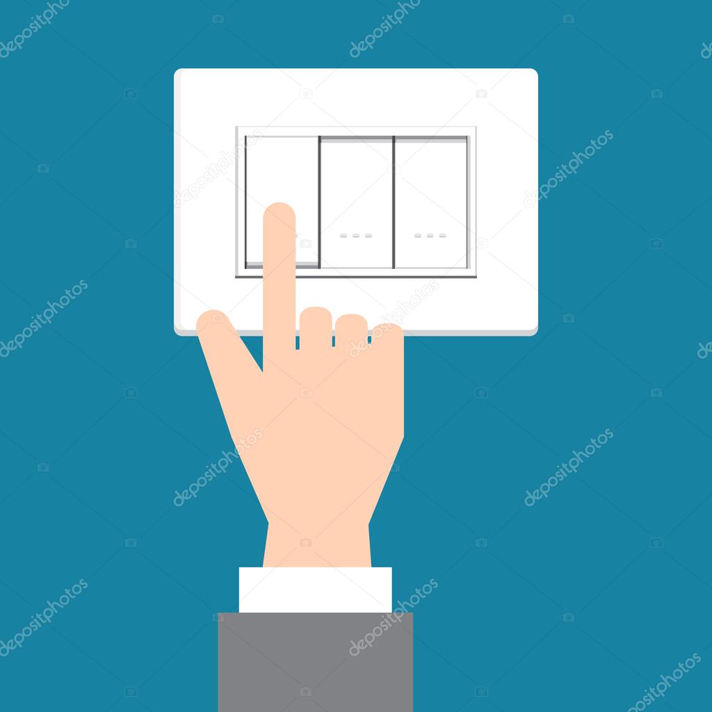  Illustration of business hand turning operating a wall switch on green wall background,, vector