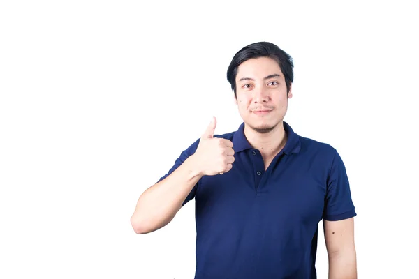 Asian guy making thumbs up with a Smiling, Isolated on white bac — Zdjęcie stockowe