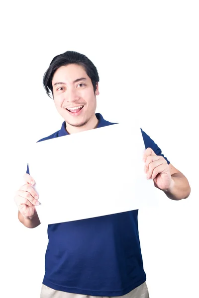 Asian man standing with empty horizontal blank paper in hands, i — Stock Photo, Image