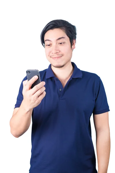 Asiático chico con móvil en mano aislado en blanco fondo — Foto de Stock