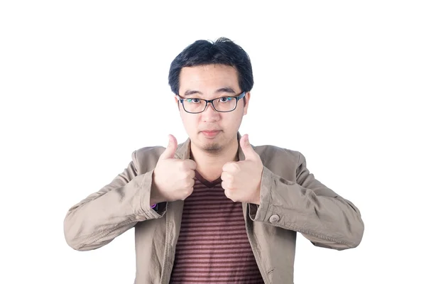 Asian guy making thumbs up with a Smiling, Isolated on white bac — Stok fotoğraf