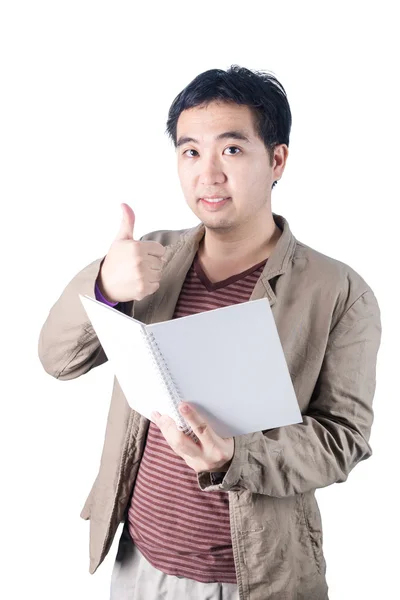 Empresario asiático sosteniendo pluma y escribiendo cuaderno, aislado en — Foto de Stock