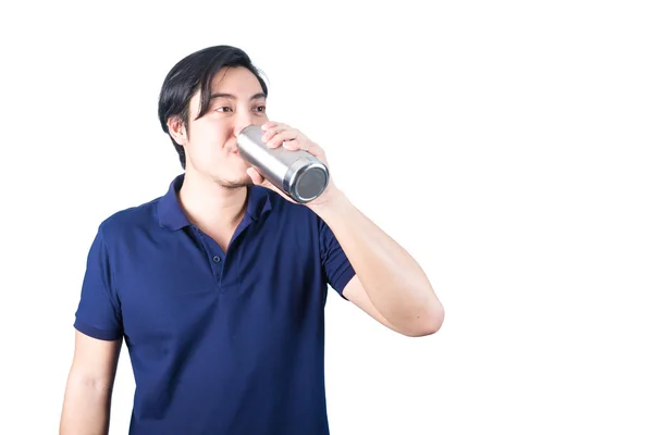 Asiatiska lycklig med flaska vatten isolerat på den vita backg — Stockfoto