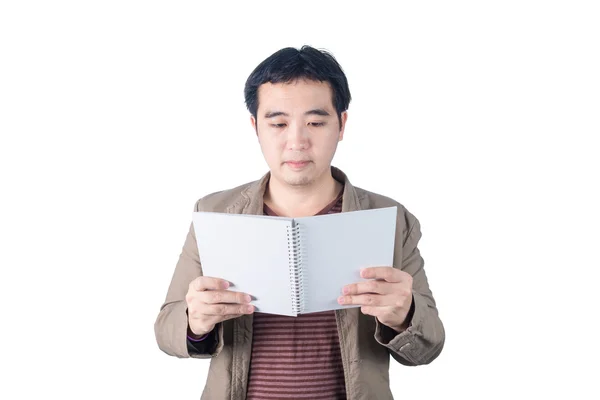 Asijský obchodník drží tužku a zápisník psaní, izolované na — Stock fotografie