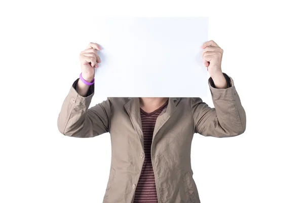 Asian man standing with empty horizontal blank paper in hands, i — Stock Photo, Image