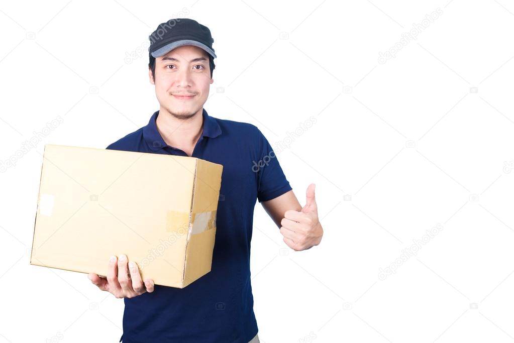 Smiling handsome asian delivery man giving and carrying parcel o