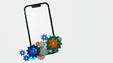 Dişli mekanizması ve dişli tekerlekleri olan akıllı cep telefonu, bakım, uygulama güncelleme kurulumu veya geliştirme teknolojisi, 3D görüntüleme.