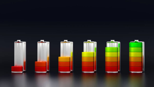 Набор состояния зарядки аккумулятора с цветовым слоем уровня зарядки, трехмерная иллюстрация.