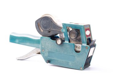 Eski fiyat etiket, silah, yumuşak gölge, beyaz bir backg fiyatlandırma Dükkanı