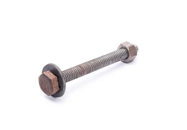 Old rusty steel bolt and nut with flat metal washer, isolated — Stock Photo, Image