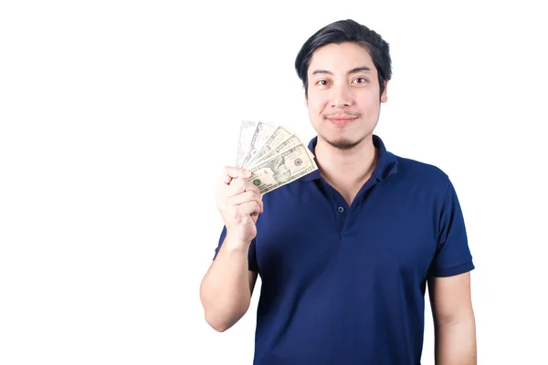 Asiatico bello uomo holding soldi mentre standing isolato su whit — Foto Stock