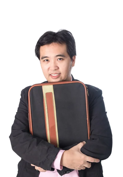 Hombre de negocios asiático sosteniendo maletín, aislado en fondo blanco — Foto de Stock