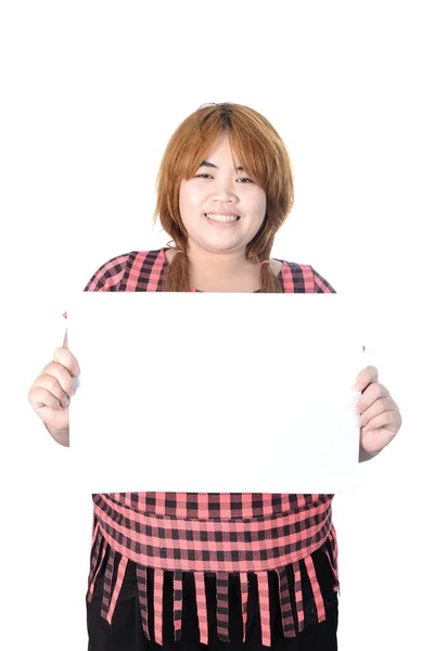 Asian plump woman standing with empty horizontal blank paper in — Stock Photo, Image