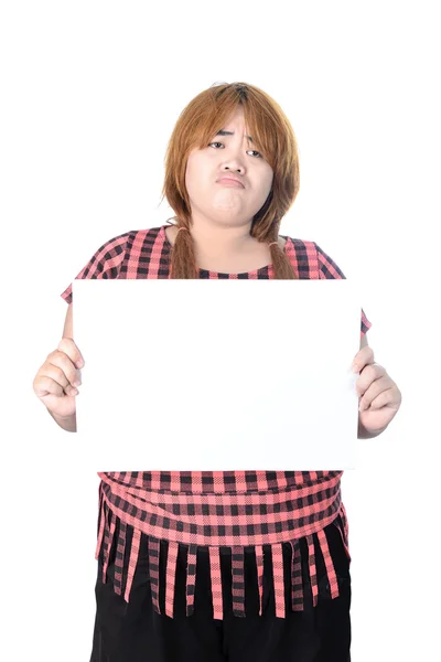 Asian plump woman standing with empty horizontal blank paper in — Stock Photo, Image