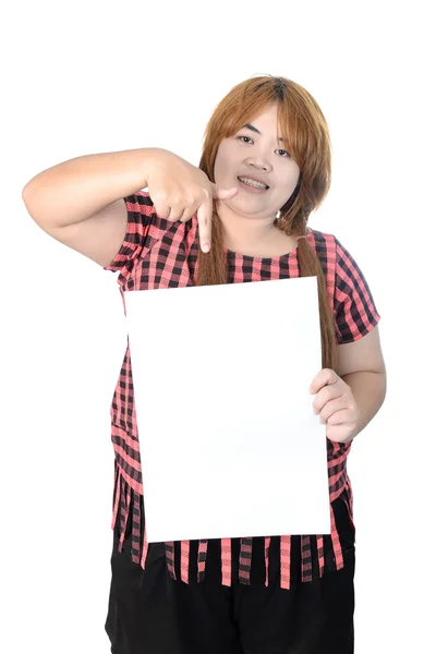 Asian plump woman standing with empty vertical blank paper in ha — Stock Photo, Image