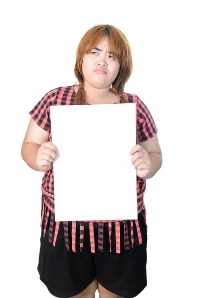 Asian plump woman standing with empty vertical blank paper in ha — Stock Photo, Image