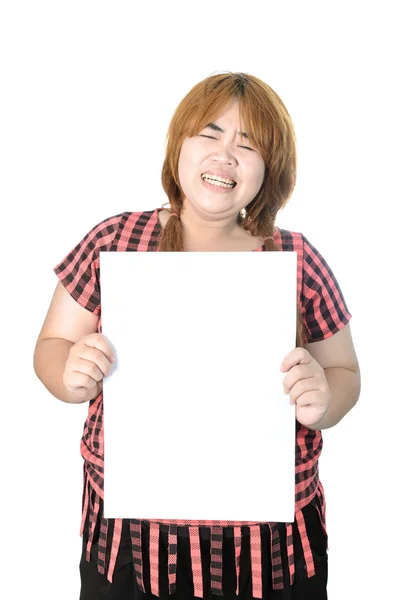 Asian plump woman standing with empty vertical blank paper in ha — Stock Photo, Image