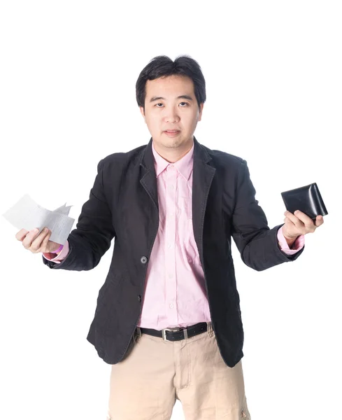 Bill och plånbok i affärsman hand, isolerad på vita bak — Stockfoto