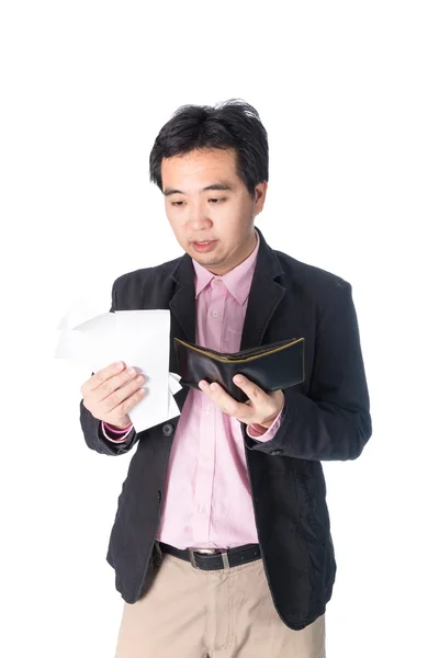 Bill och plånbok i affärsman hand, isolerad på vita bak — Stockfoto