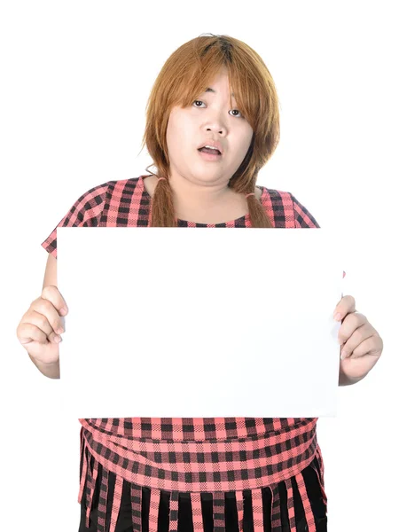 Asian plump woman standing with empty horizontal blank paper in — Stock Photo, Image