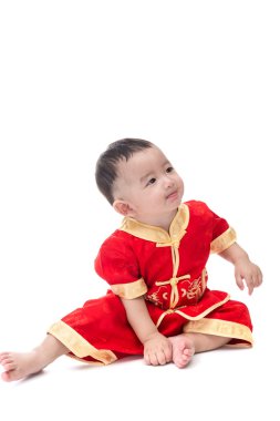 Cute Asian baby in traditional Chinese suit Isolated on white ba