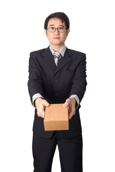 Asian businessman giving and carrying parcel, cardboard box, iso