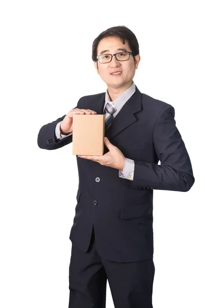 Asiatiska affärsman ger och transporterar paket, kartong, iso — Stockfoto