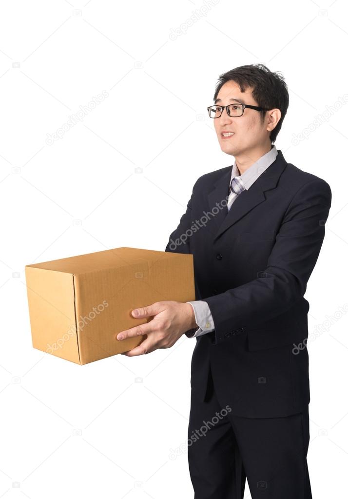 Asian businessman giving and carrying parcel, cardboard box, iso