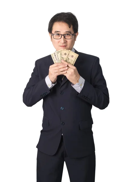 Успех азиатский бизнесмен держит долларовые деньги, изолированные — стоковое фото