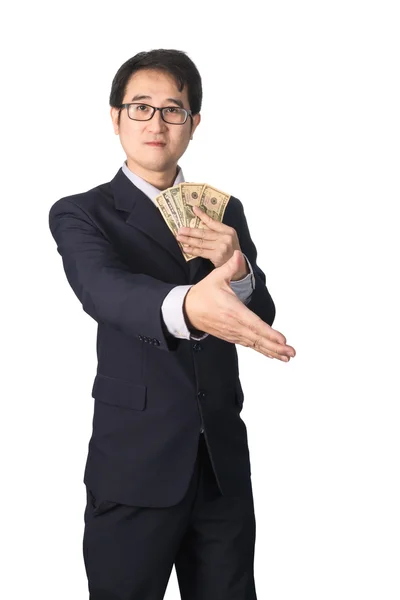 Success Asian businessman holding dollar money and shaking hands — Stock Photo, Image