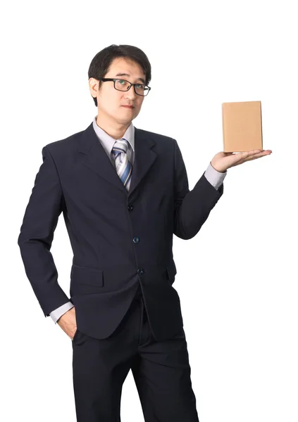 Asijský obchodník dává a má u sebe pozemek, lepenkové krabice, iso — Stock fotografie
