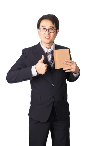 Empresario asiático dando y llevando paquete, caja de cartón, giv — Foto de Stock