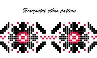 Ukrayna halk motifleriyle birlikte etnik ve yatay desenli. Botanik siyah ve kırmızı vektör çizimi. Tasarımınız için harika bir element.