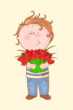Kırmızı çiçekli sevimli çizgi film çocuğu. Tasarımın için harika bir karakter..