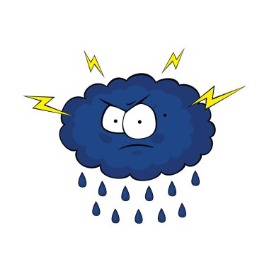 Beyaz arka planda şimşekler çakan karikatür bulutu. Hava durumu için harika bir karakter..