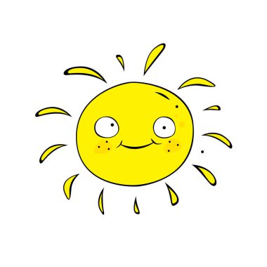  Beyaz arka planda gülüşü olan sevimli çizgi film güneşi. Hava durumu için harika bir karakter..