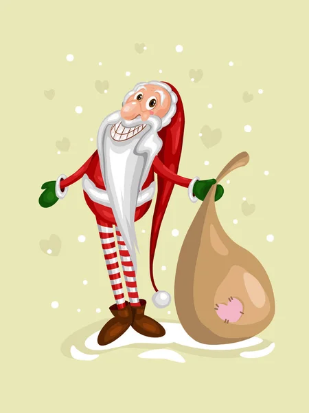 Weihnachtskarte Mit Niedlichem Weihnachtsmann Mit Tasche Und Schnee Auf Hintergrund — Stockvektor