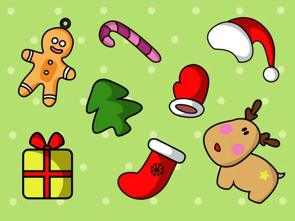Lindo Conjunto Navidad Con Iconos Dibujos Animados Galletas Dulces Regalos — Vector de stock