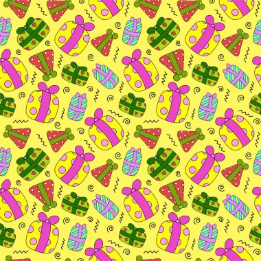  Sarı arka planda renkli hediye kutuları olan kusursuz bir desen. Tasarımınız için güzel bir element.