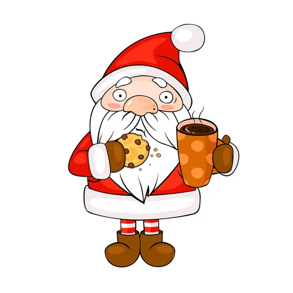 Niedliche Cartoon Weihnachtsmann Mit Tasse Heißen Kakao Und Cookie Auf — Stockvektor