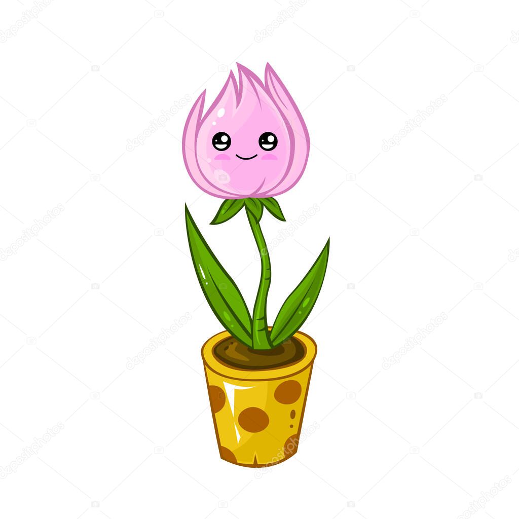 Cute cartoon potted plant with green leaves and pink flower with cute face. Beautiful element for kawaii character design.