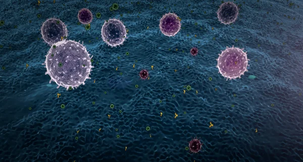 Лимфоциты и вирусы гриппа, коронавирус атакуют лимфоклетки — стоковое фото