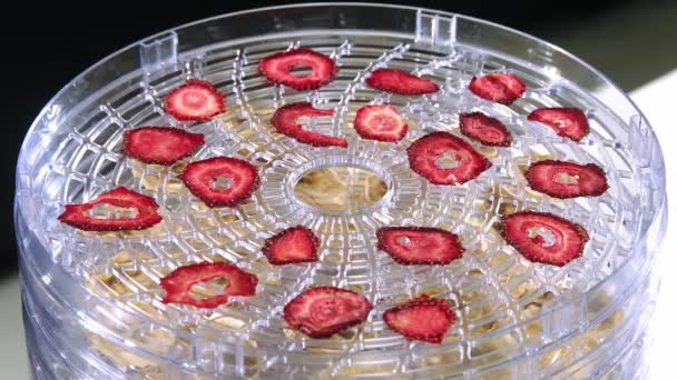 Getrocknete Erdbeere Auf Dem Teller Erdbeerscheiben Auf Dem Teller Erdbeere — Stockvideo