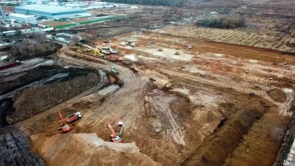 Vista Aérea Los Trabajos Excavadoras Sitio Construcción Vista Aérea Trabajo — Vídeos de Stock