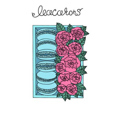 Macarons kutusunda peonies ile kümesi