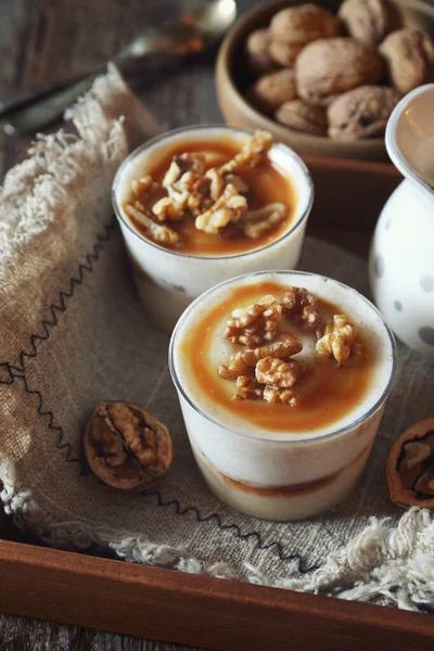 Vanilla Dessert Caramel Walnuts Two Portions Wooden Tray — Stock Photo, Image