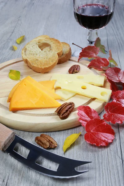 Peynir tabağı, bardağı ve sonbahar yaprakları — Stok fotoğraf