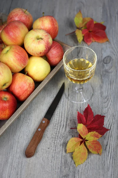 Яблочный сок, яблоки и осенние листья — стоковое фото