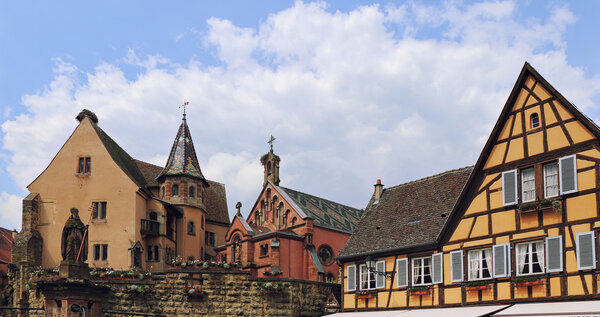 France. Alsace. Eguisheim. Facades of half-timbered houses