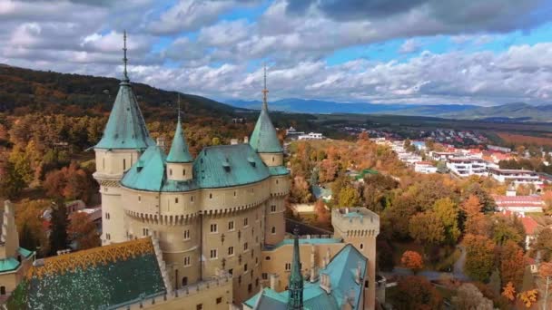 Aerial view of Bojnice medieval castle — Stock Video